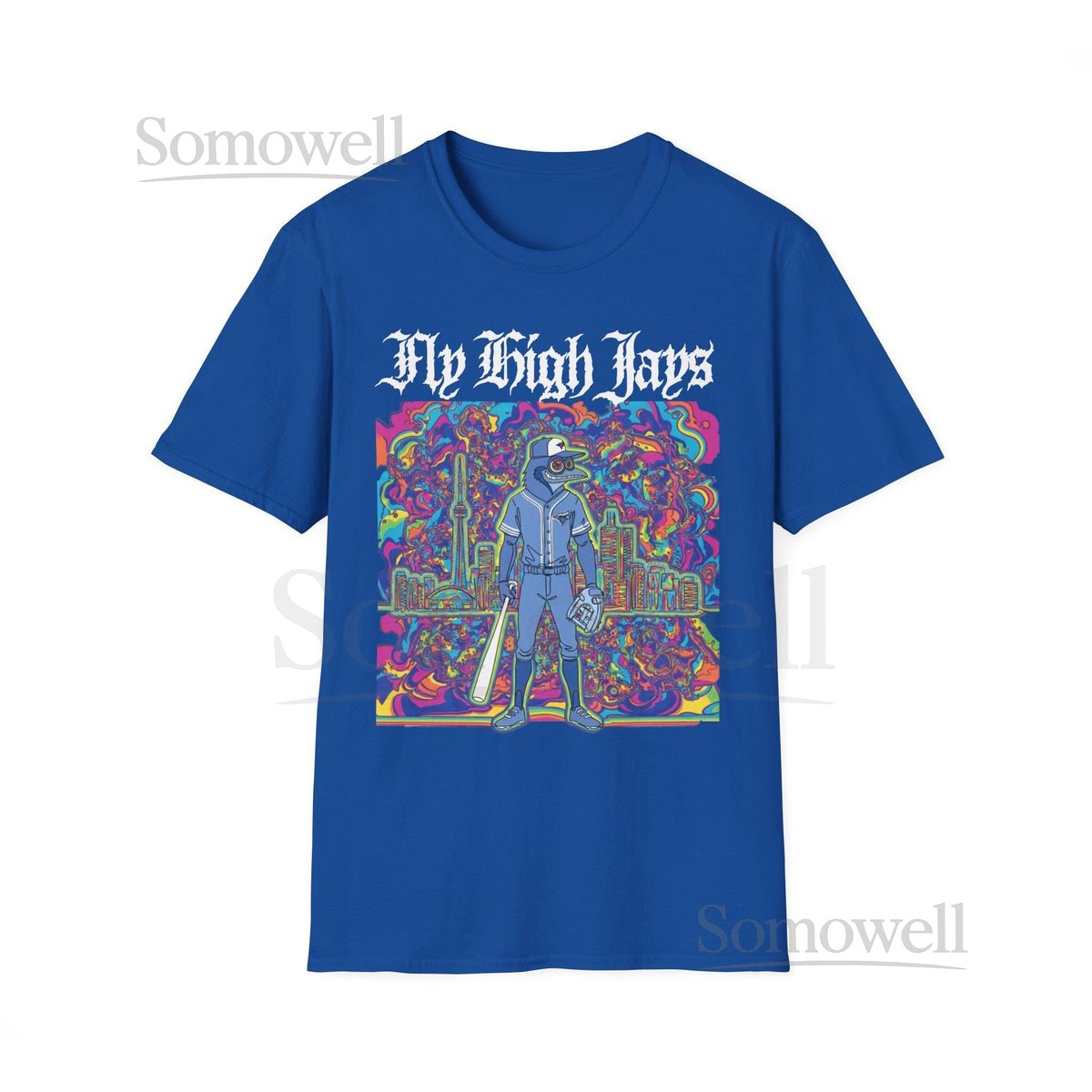 Psychedelic Blue Jays Unisex Softstyle T-Shirt Fly High Toronto Baseball_735