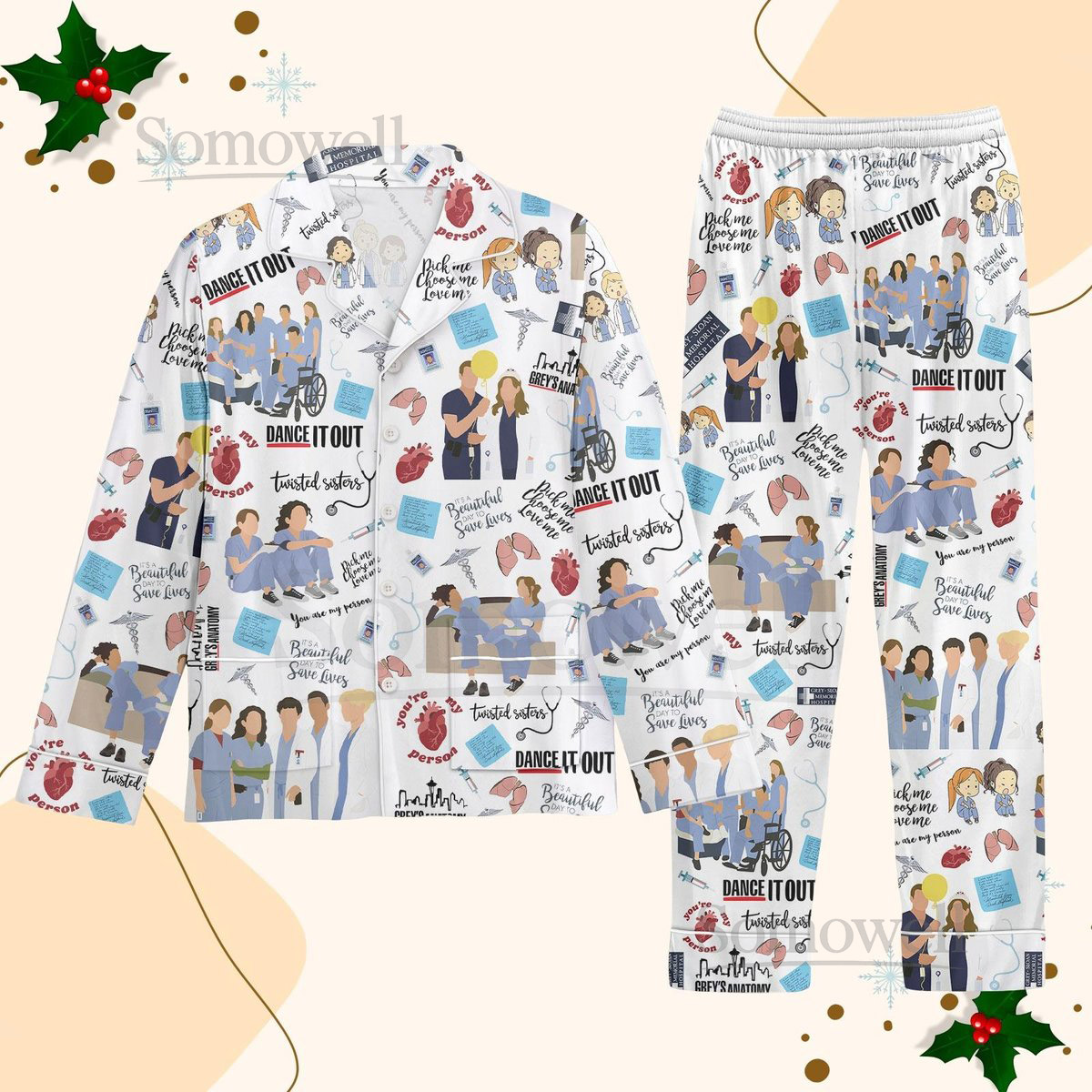 Grey's Anatomy Pajamas Set Meredith Grey Pj Set Women's Nursing Xmas Pajamas Christmas Pajamas Pajamas For Party Greys Anatomy Pjs_37
