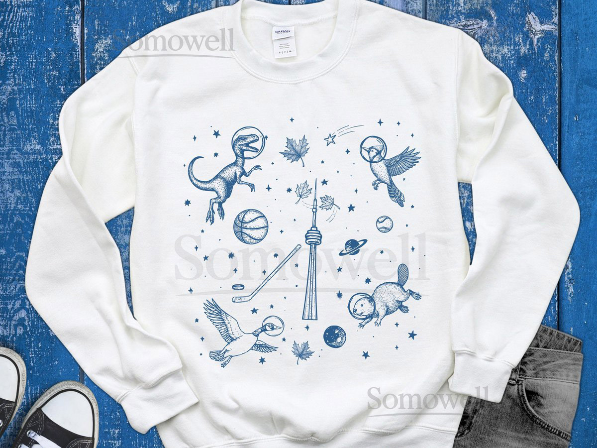 Toronto in Space Sweatshirt Raptor Blue Jay Maple Leaf CN Tower Floating in Space Trendy Astronaut Design Cute Gift for Her_933