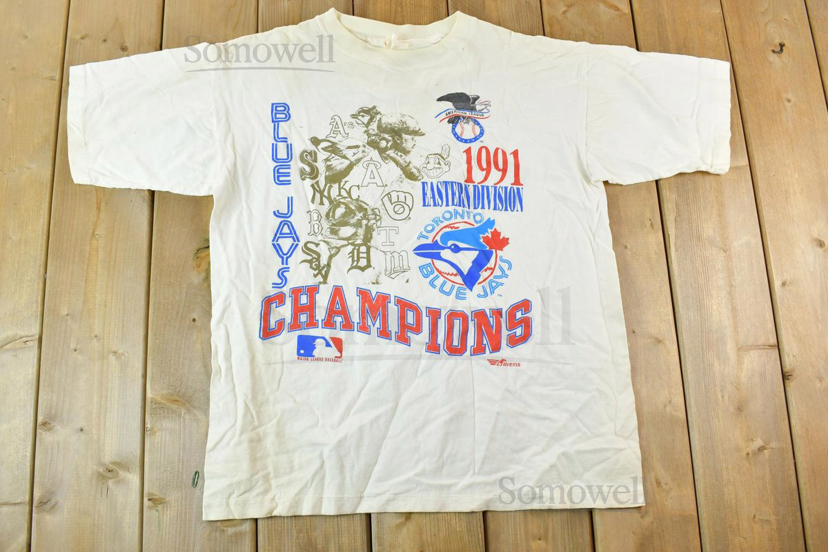 Vintage 1991 Toronto Blue Jays Eastern Division Champions MLB Graphic Print T-Shirt Mens L Single Stitch MLB Baseball Ravens MLB_974