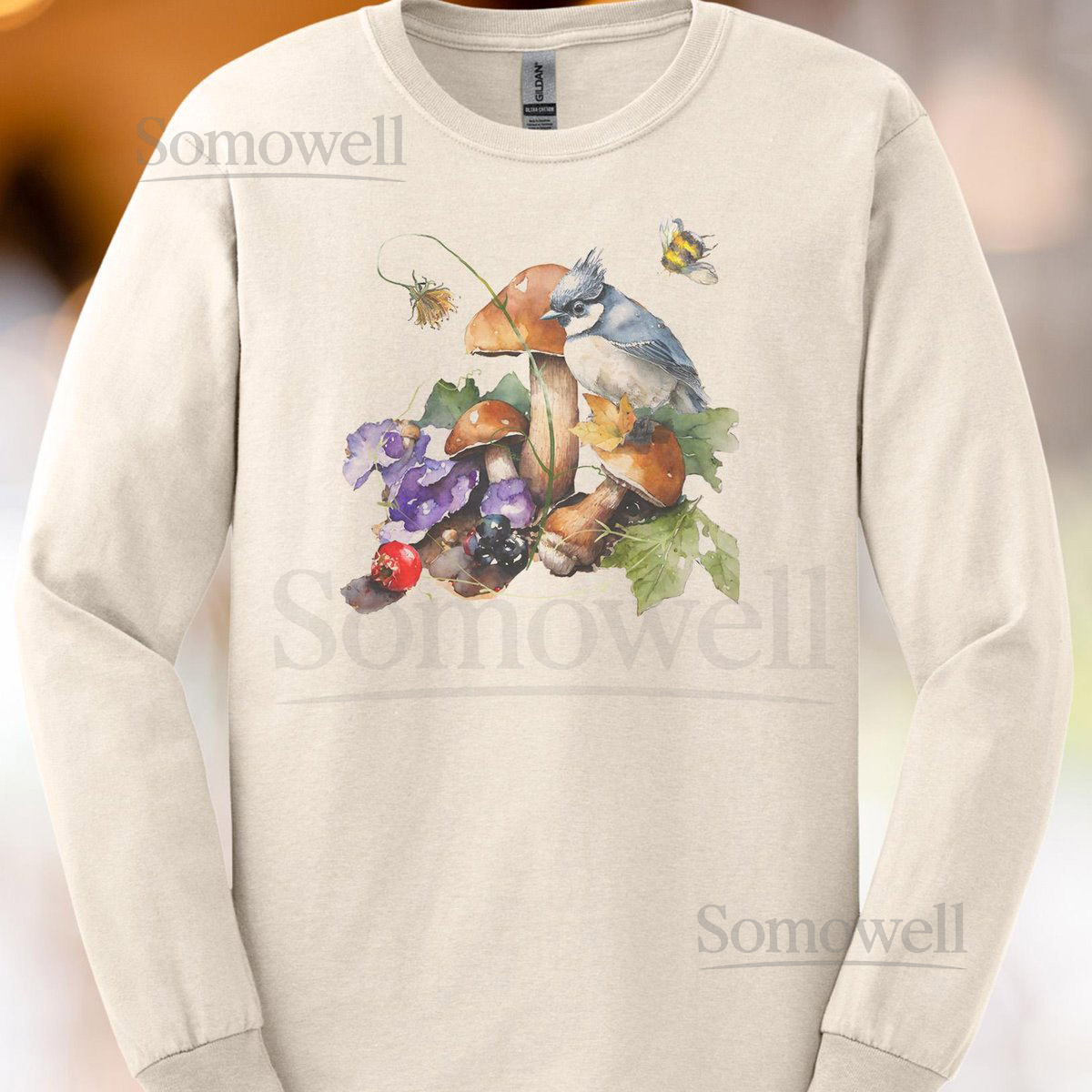 Blue Jay Bird and Mushroom Forest Art Long Sleeve Shirt Watercolor Wildflowers Woodland Nature Tee Botanical Wildlife Graphic Unique Design_85