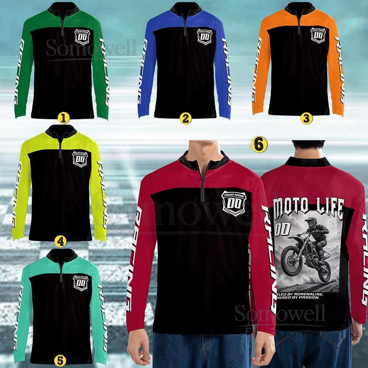 Personalized Photo Motocross Zip Jersey Custom Dirt Bike Racing Shirt Long Sleeve Zip Jersey with Name Number Photo Biker Gears_339