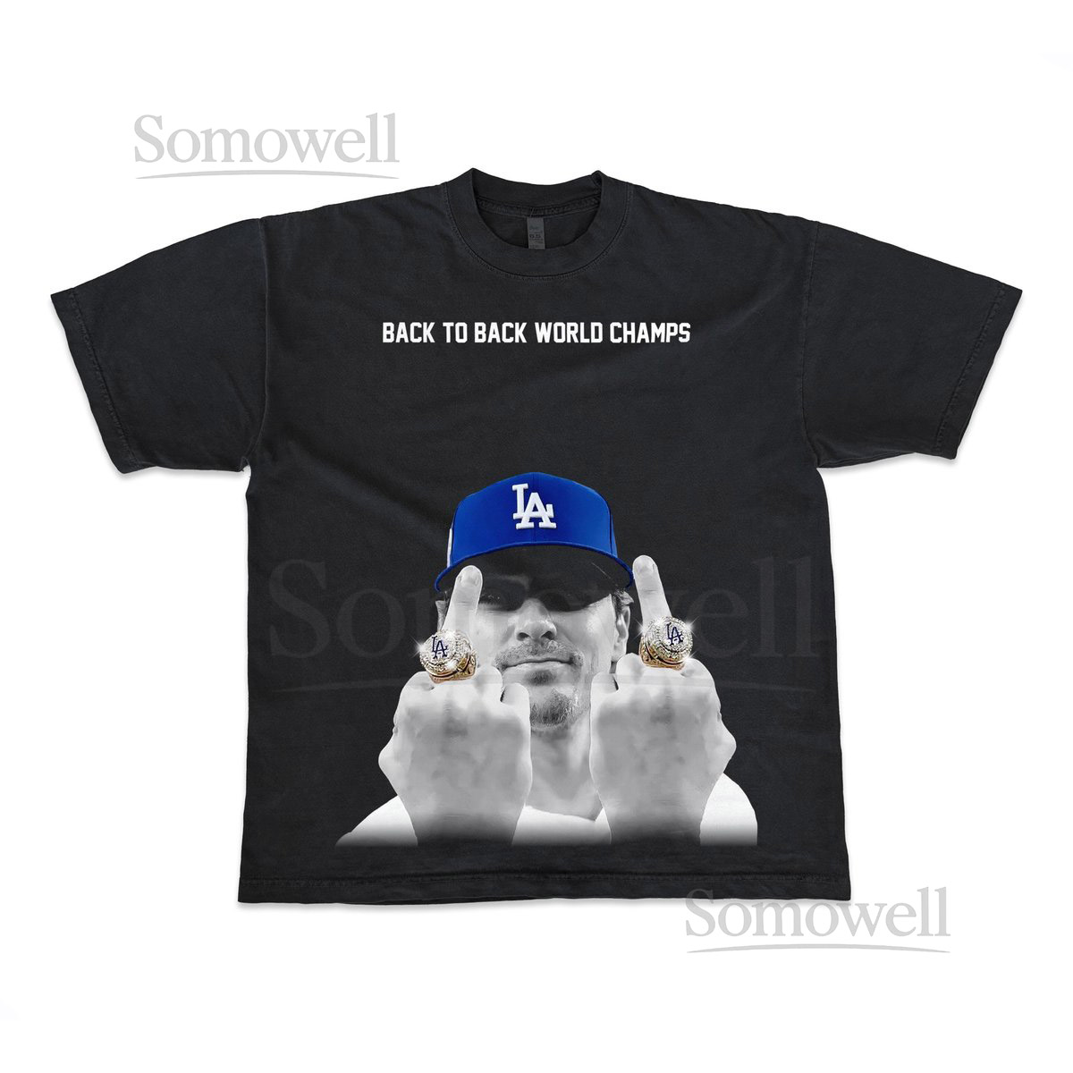 Kike Hernandez Back to Back World Series Champs 2025 Middle Finger Baseball Vintage Look Oversized Boxy T Shirt Bootleg Washed_485