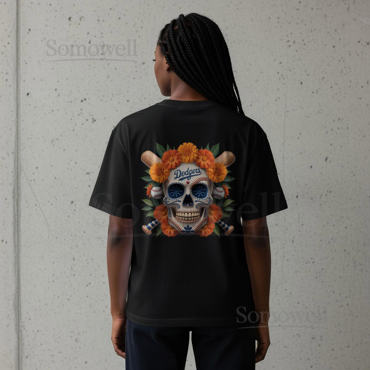 Dodgers Sugar Skull T-Shirt Day of the Dead Baseball Fan Gift Dia de los Muertos Dodgers Fan Tee Floral Skull Baseball T-Shirts_359