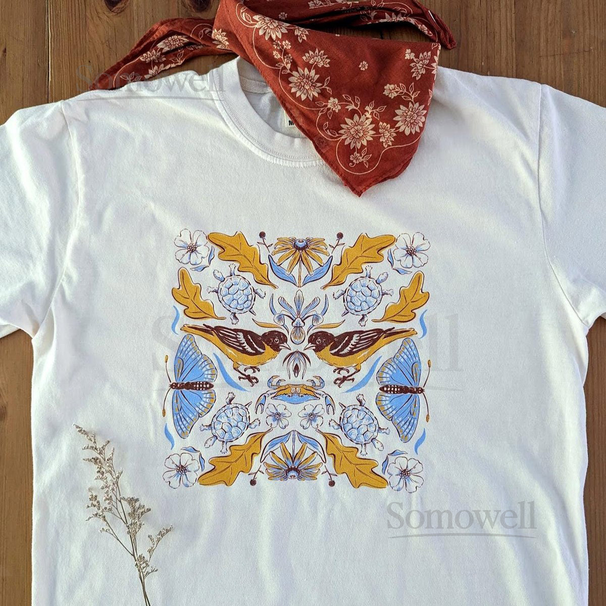 Folk Nature T-Shirt Hand-Drawn Botanical Birds Butterflies Oak Leaves Inspired by Maryland_316