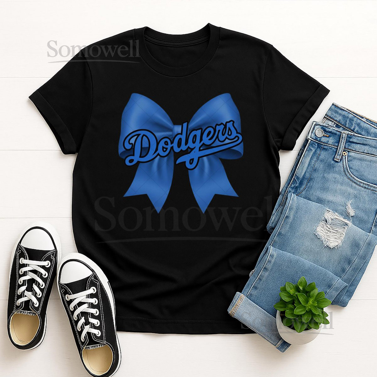 Dodgers Bow T-Shirt Royal Blue Baseball Fan Tee_311
