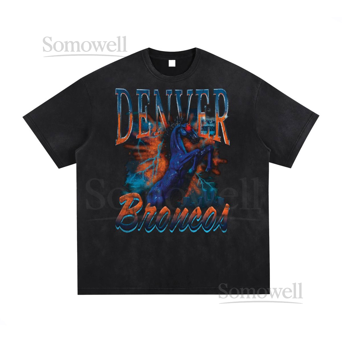 Vintage Denver Broncos Blucifer T-Shirt Washed Frayed Football Tee_583