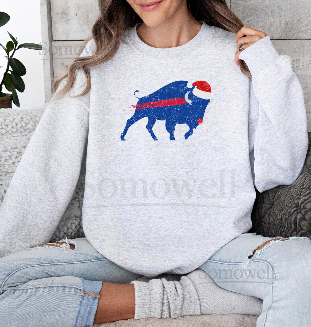 Buffalo Christmas Themed Unisex Crew Neck Sweatshirt in Distressed Print_255