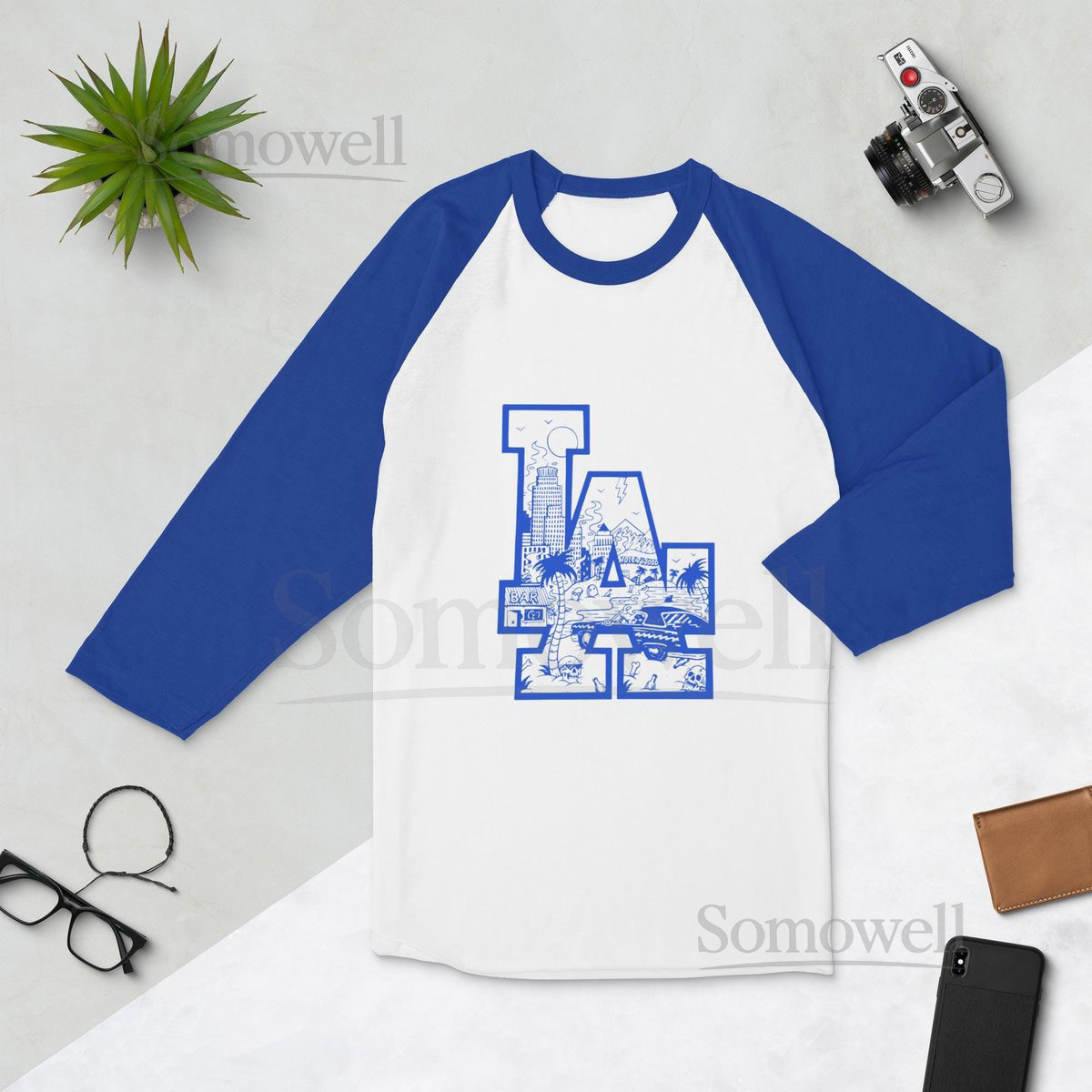 Los Angeles Raglan Baseball Tee LA Cityscape Design_647