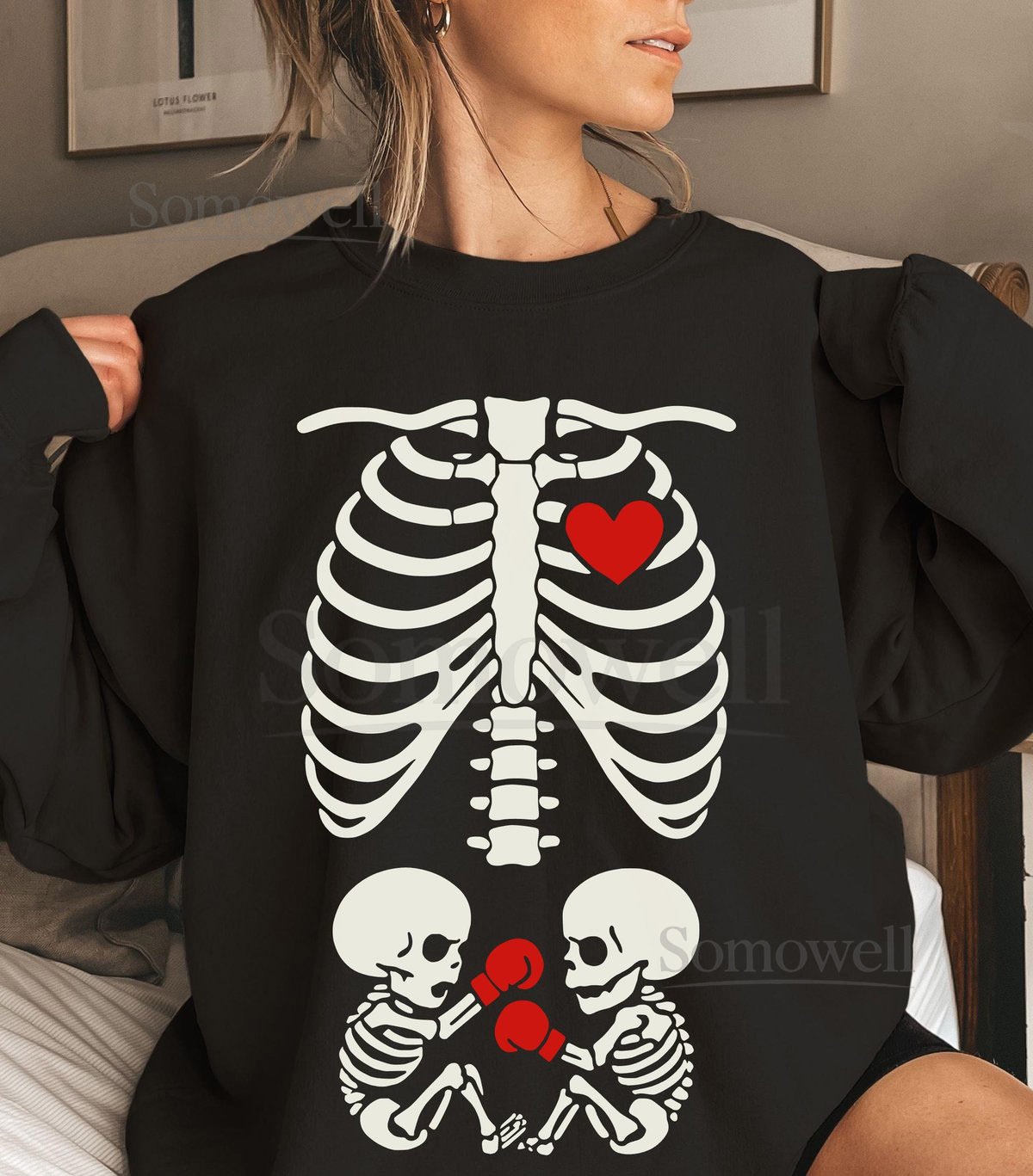 Funny Twin Mom Skeleton Sweatshirt Pregnant with Twins Baby Skeleton Boxing Gloves Gildan Crewneck Pregnancy Announcement Gift for Mom_293