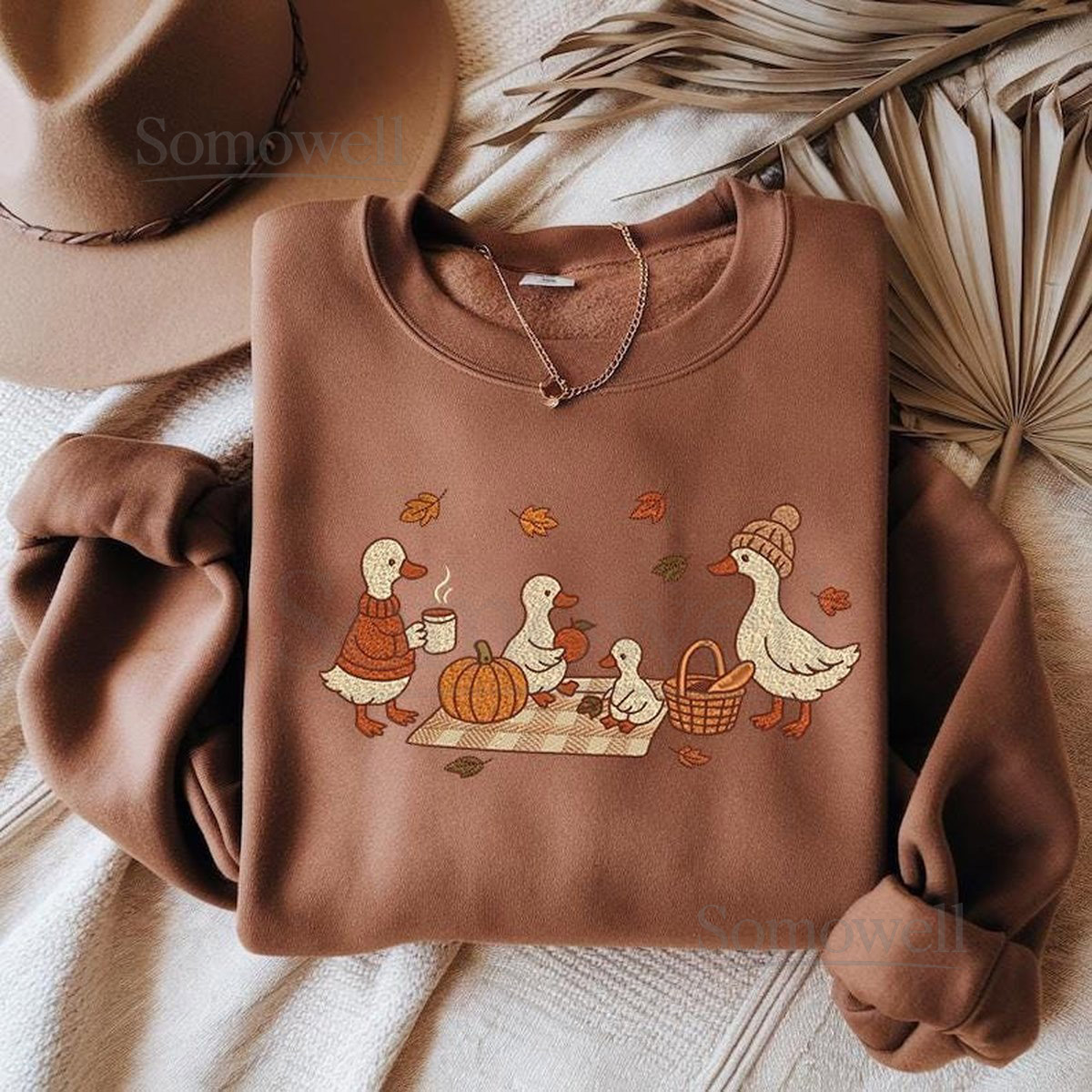 Autumn Duck Family Embroidery Sweatshirt Fall Pumpkin Sweater Cozy Season Crewneck Cute Duck Coffee Embroidered Shirt Gift_7