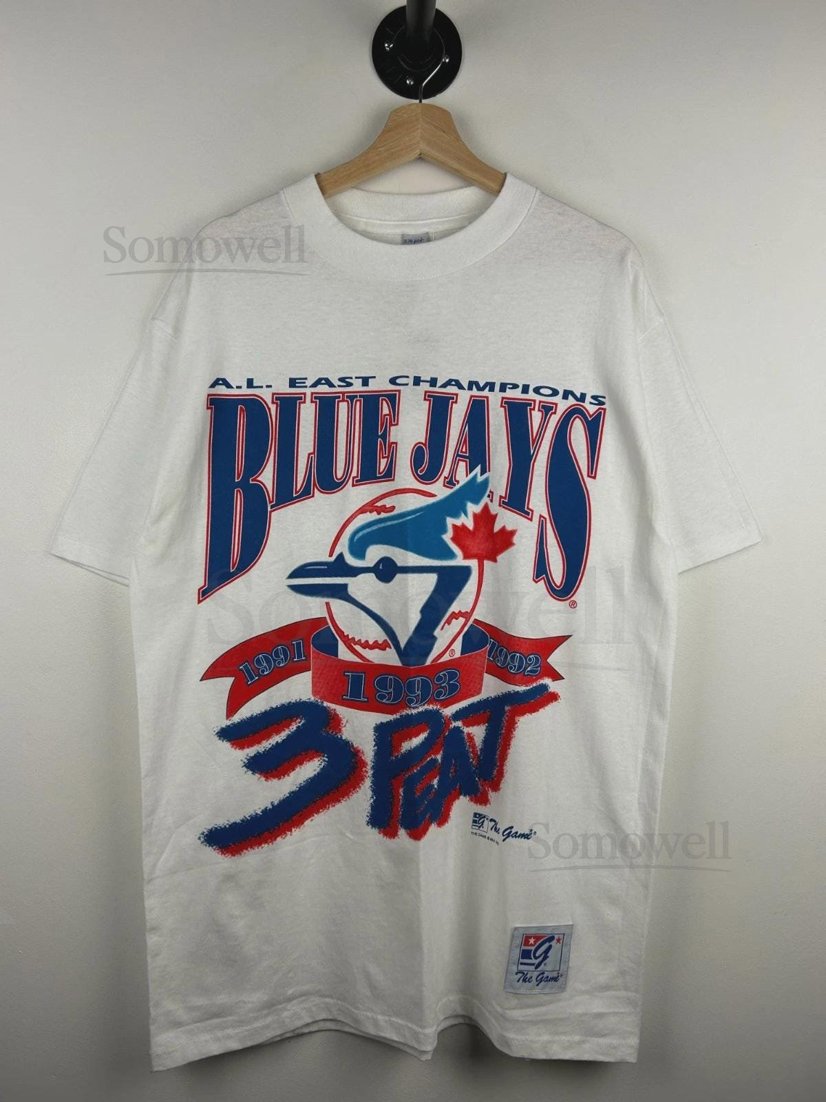 Vintage 90s MLB The Game Toronto Blue Jays AL East Champions White Tee Size L_1043