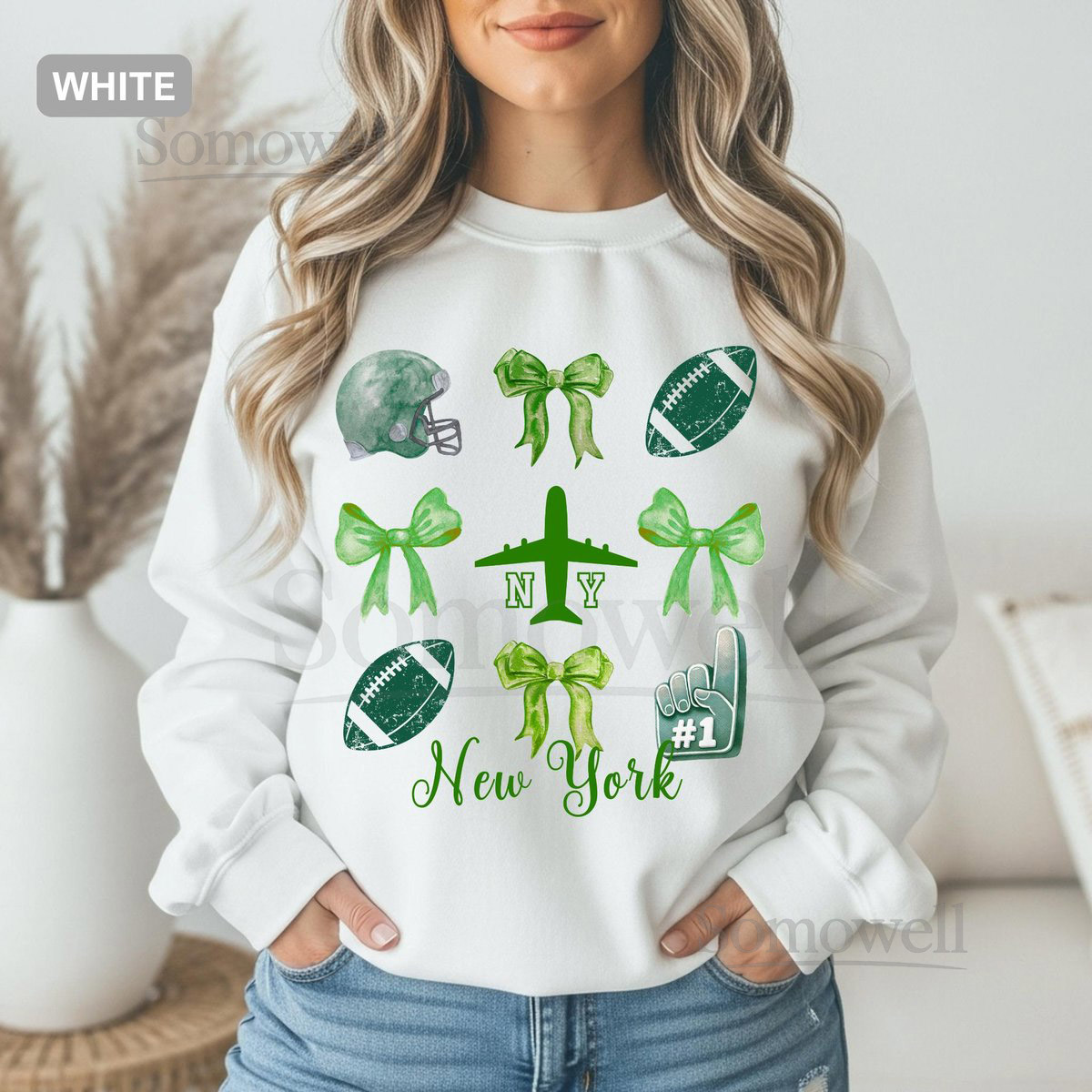 New York Football Bow Sweatshirt Vintage Jet Crewneck Coquette Bow Game Day Fan Gift_360