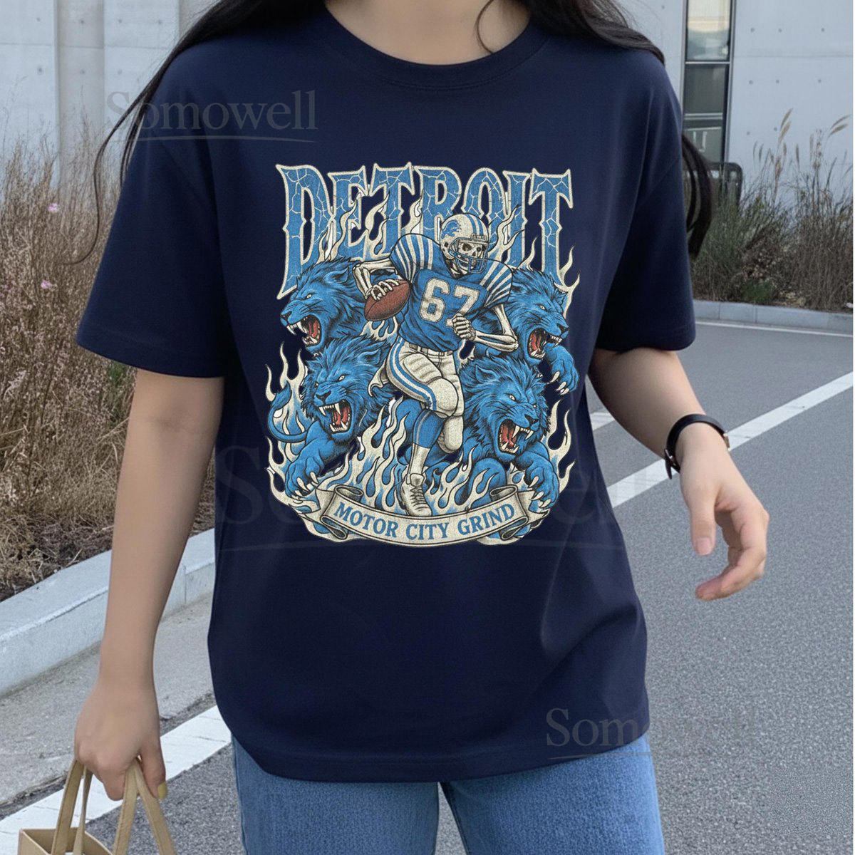 Detroit Retro Football T-Shirt Vintage Lions Graphic Tee Game Day Classic Football Fan Apparel Motor City Grind Skeleton Shirt_331