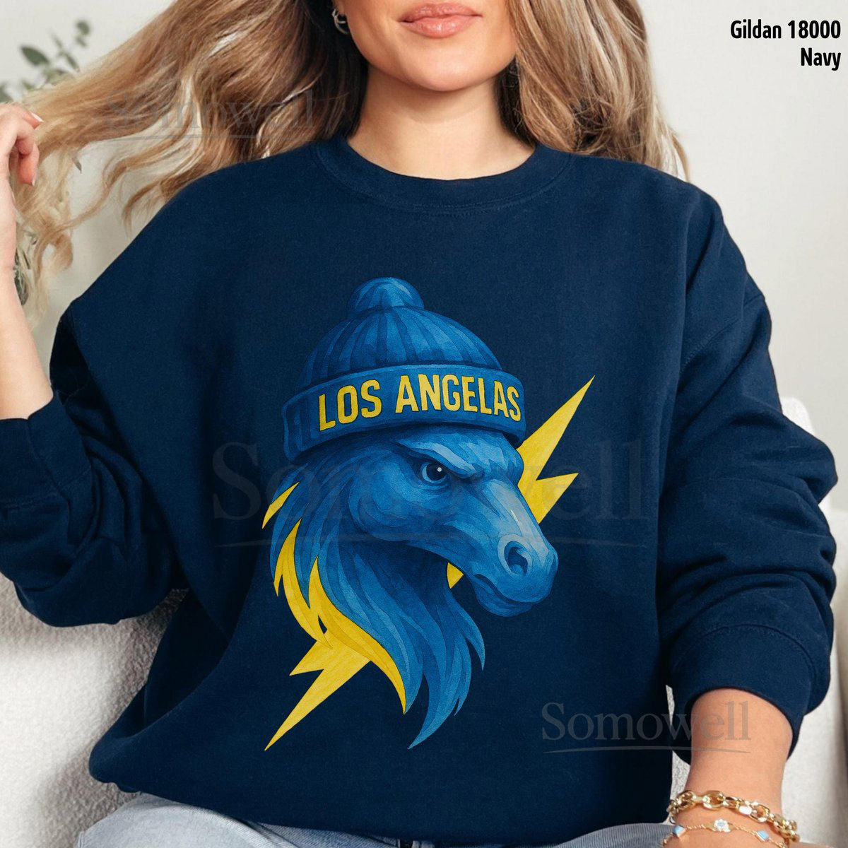 LA Thunder Horse Sweatshirt Watercolor-Style Crewneck Los Angeles-Inspired Soft Vintage Horse Design FamFit32-07_55