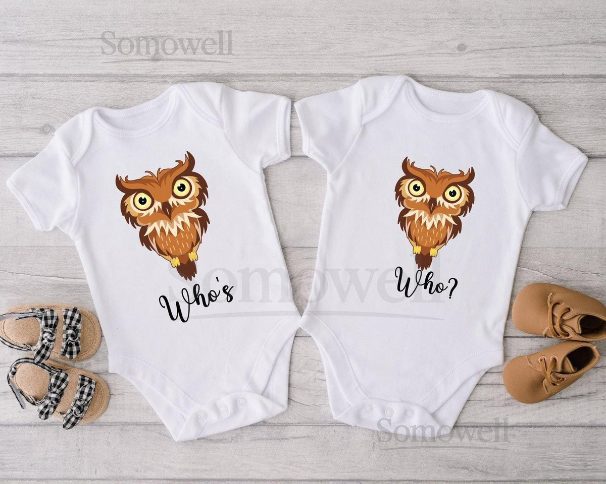 Who's Who Twin Onesie Funny Owl Twin Bodysuit Funny Best Friends Twin Suit Baby Announcement Shirt Newborn Twin Gift Twin Baby Shower_952