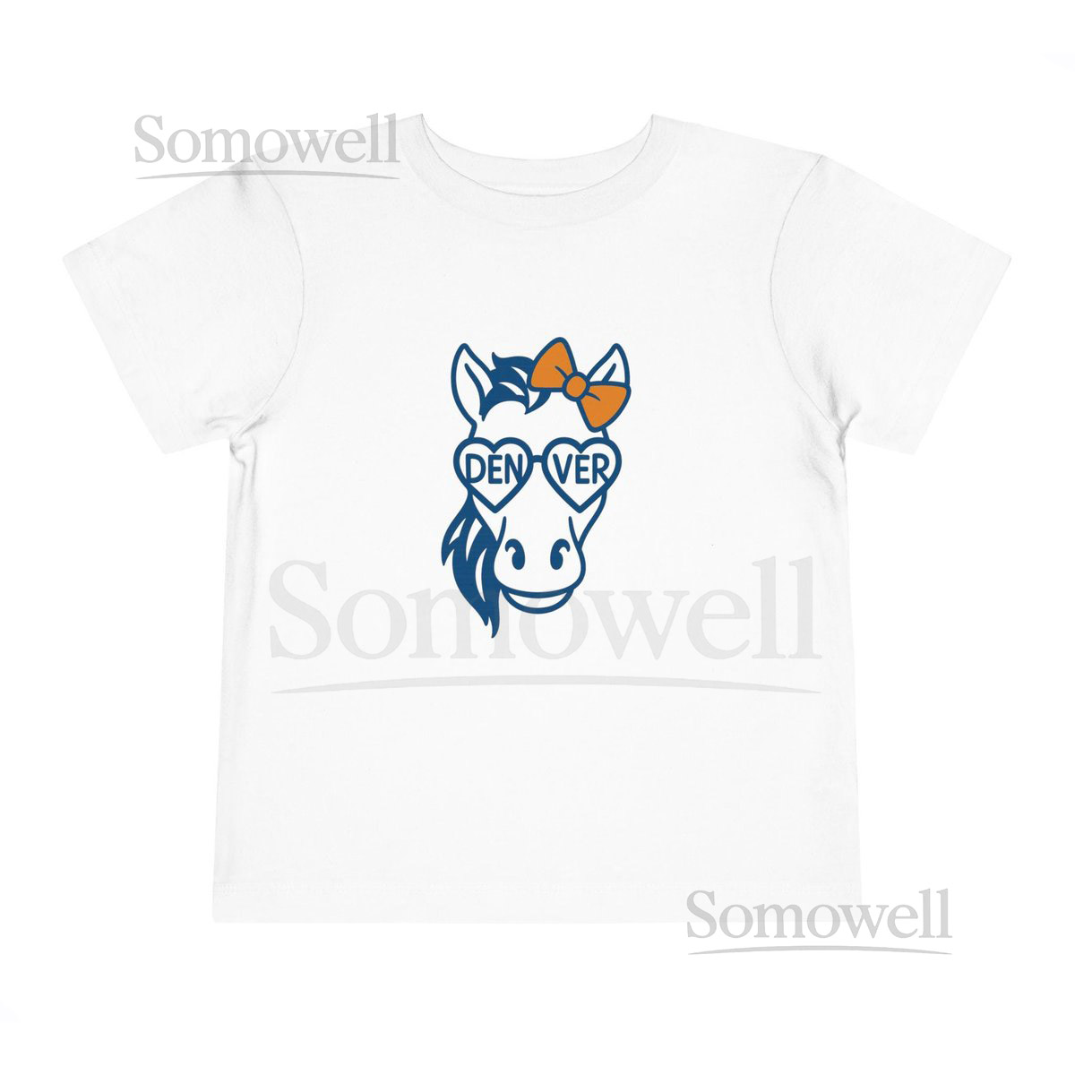Denver Broncos toddler tee in sizes 2T 3T 4T 5T with cute blue bronco and heart DEN VER glasses - perfect gift for young NFL football fans_320