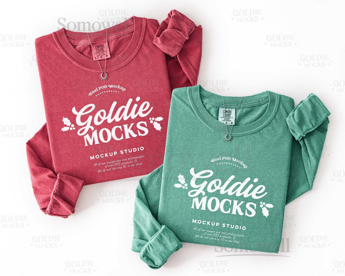 Comfort Colors C6014 Crimson Light Green Group Shirt Mockup 6014 Christmas Folded Double Shirt Mock Simple Minimal Aesthetic Flatlay_90