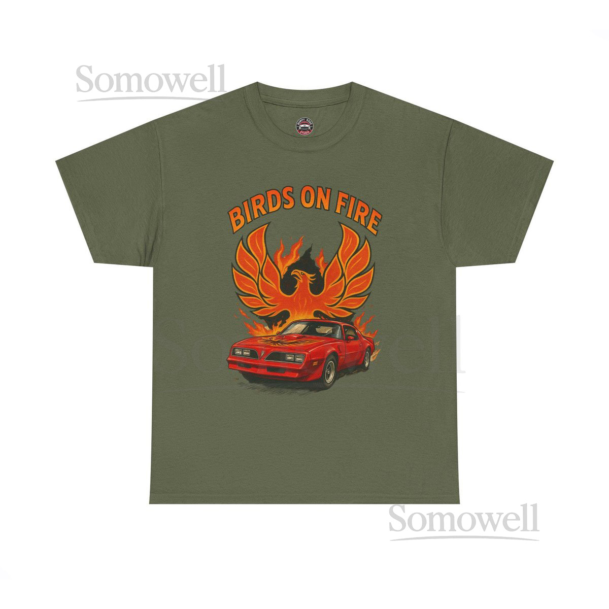 Birds on Fire phoenix and vintage muscle car Tee retro flame graphic_30