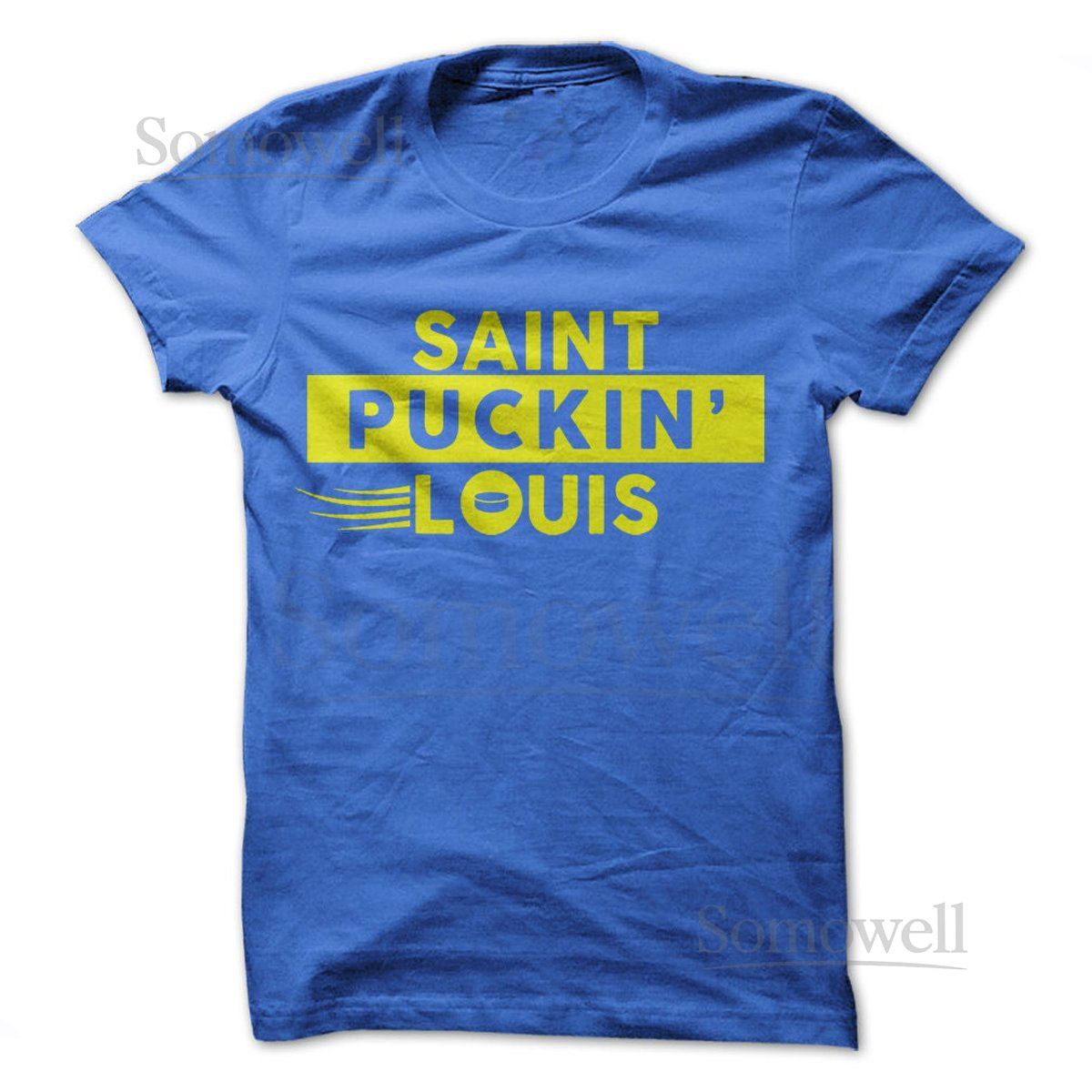 Saint Puckin' Louis T-Shirt Design - Blue T-shirt with Yellow Print_463