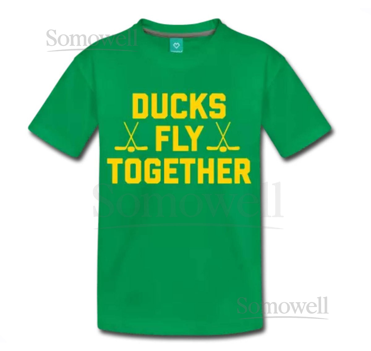 Ducks Fly Together Children's T-Shirt Design - Green Shirt with Gold Print_150