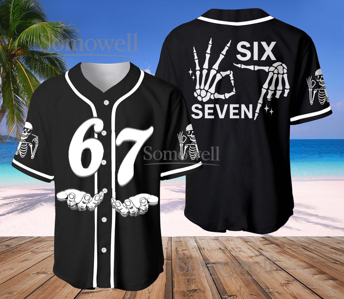 Six Seven Baseball Jersey Skeleton Hands Black White Edition Available in Multiple Colors