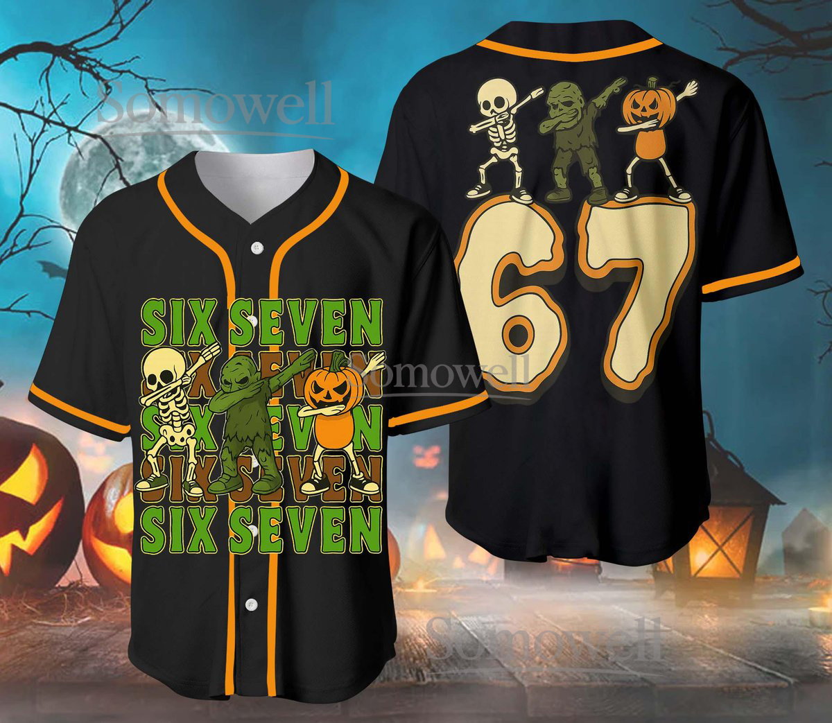 Six Seven Halloween Baseball Jersey Skeleton Pumpkin Dabbing Edition Available in Multiple Colors