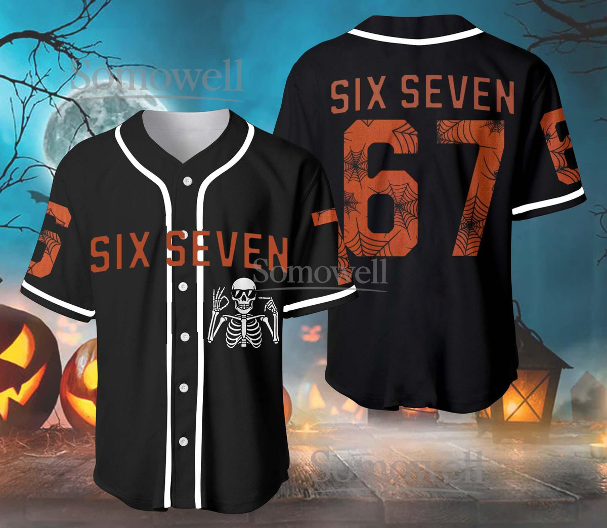 Six Seven Halloween Baseball Jersey Skeleton Spider Web Edition Available in Multiple Colors