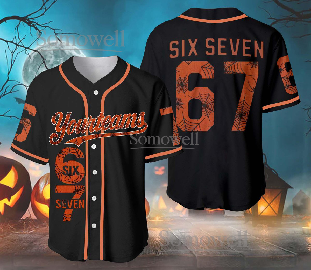 Custom Halloween Baseball Jersey with Spider Web Design and Number 67 Available in Multiple Colors