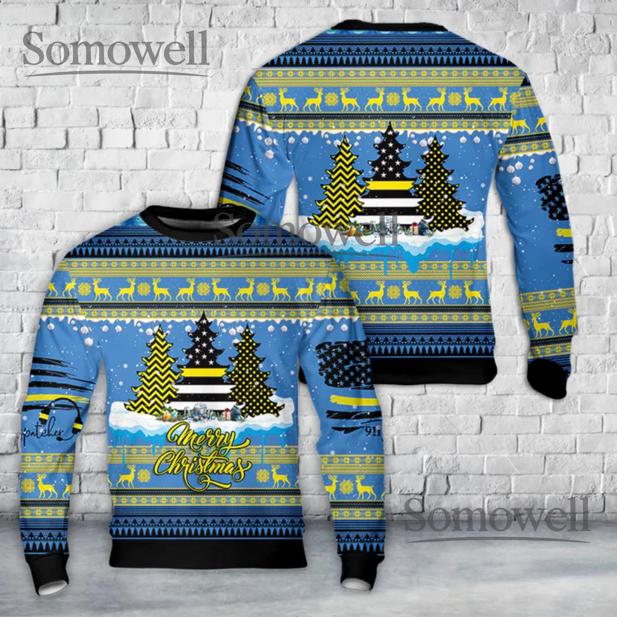 911 Dispatcher Christmas Sweater Blue Reindeer Tree Holiday Pattern