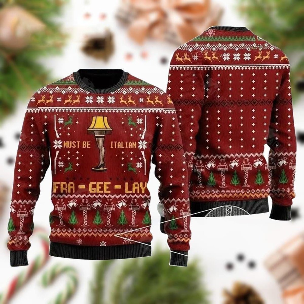 A Christmas Story Fragile Leg Lamp Red Ugly Christmas Sweater Funny Must Be Italian Knit Jumper