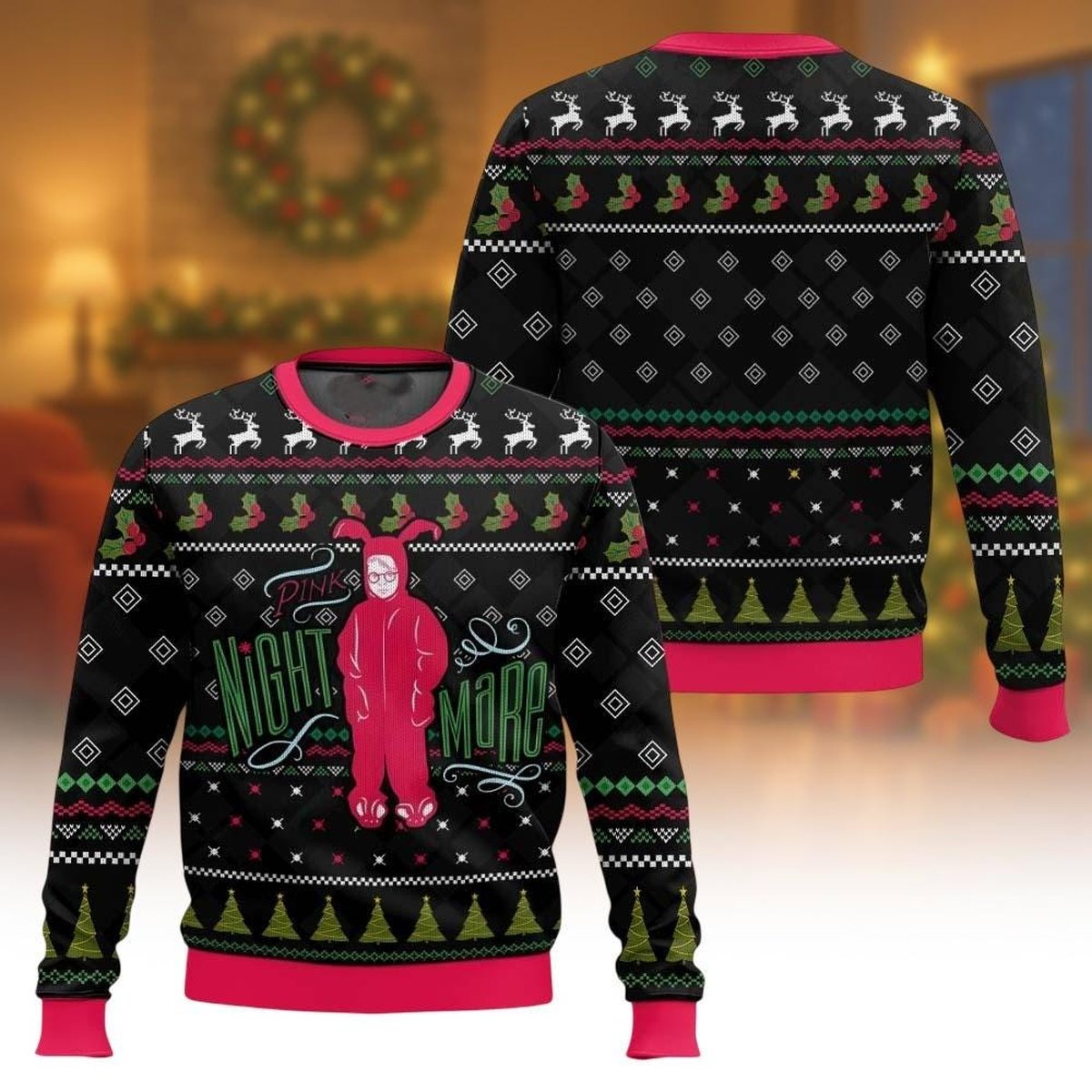 A Christmas Story Pink Nightmare Ugly Christmas Sweater Funny Ralphie Holiday Knit Jumper