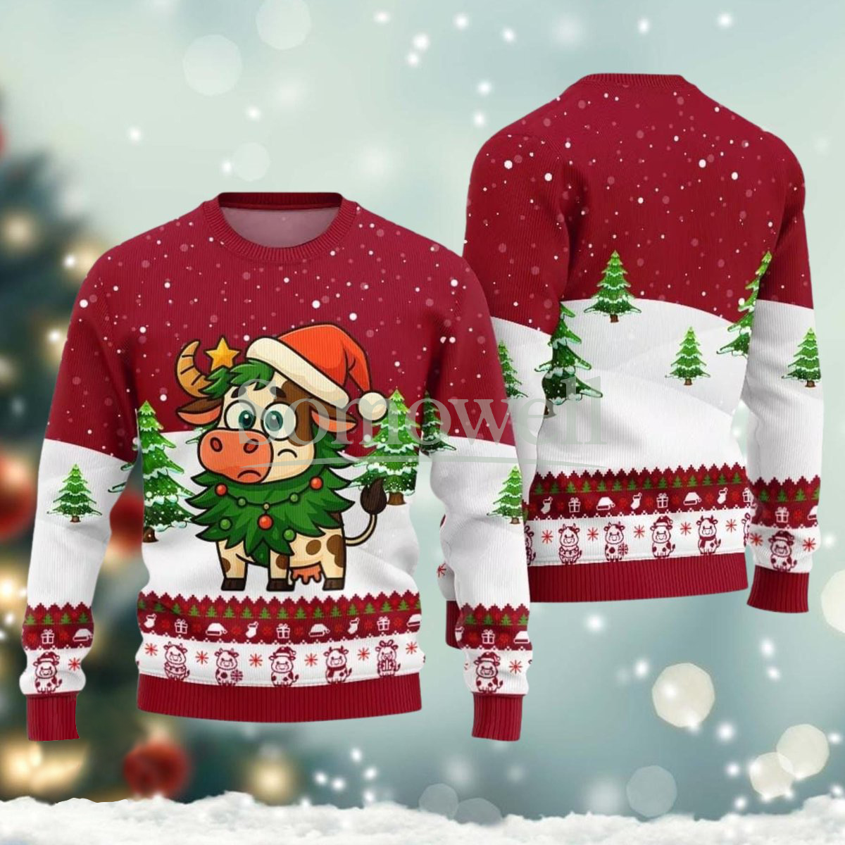 Santa Cow Red Ugly Christmas Sweater Cute Cartoon Animal Lover Holiday Knit Jumper