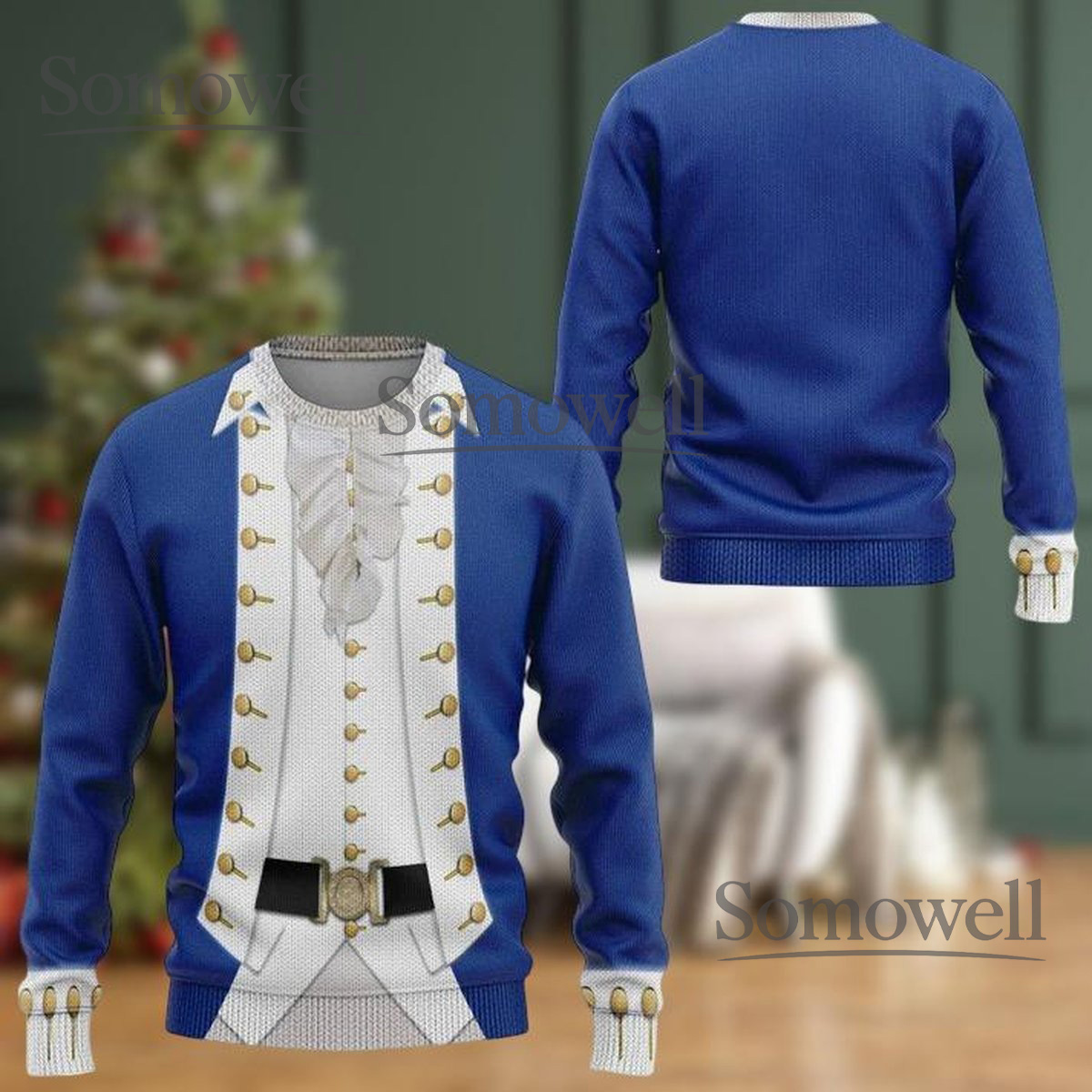 Alexander Hamilton Colonial Costume Blue White Gold Button Ugly Christmas Sweater