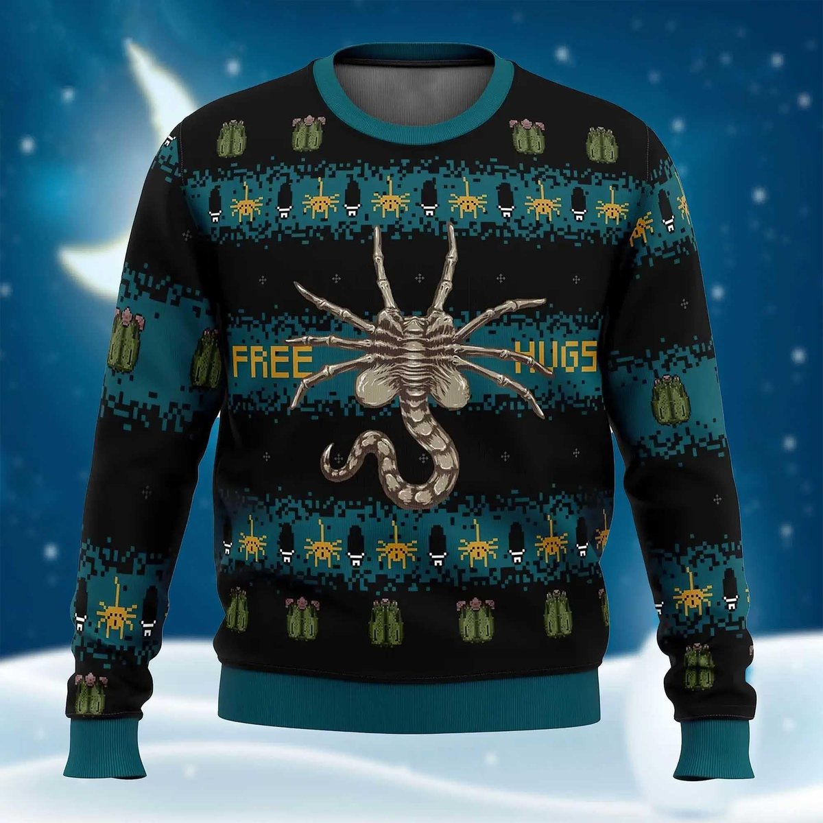 Alien Facehugger Free Hugs Ugly Christmas Sweater Funny Sci-Fi Horror Holiday Pullover Gift