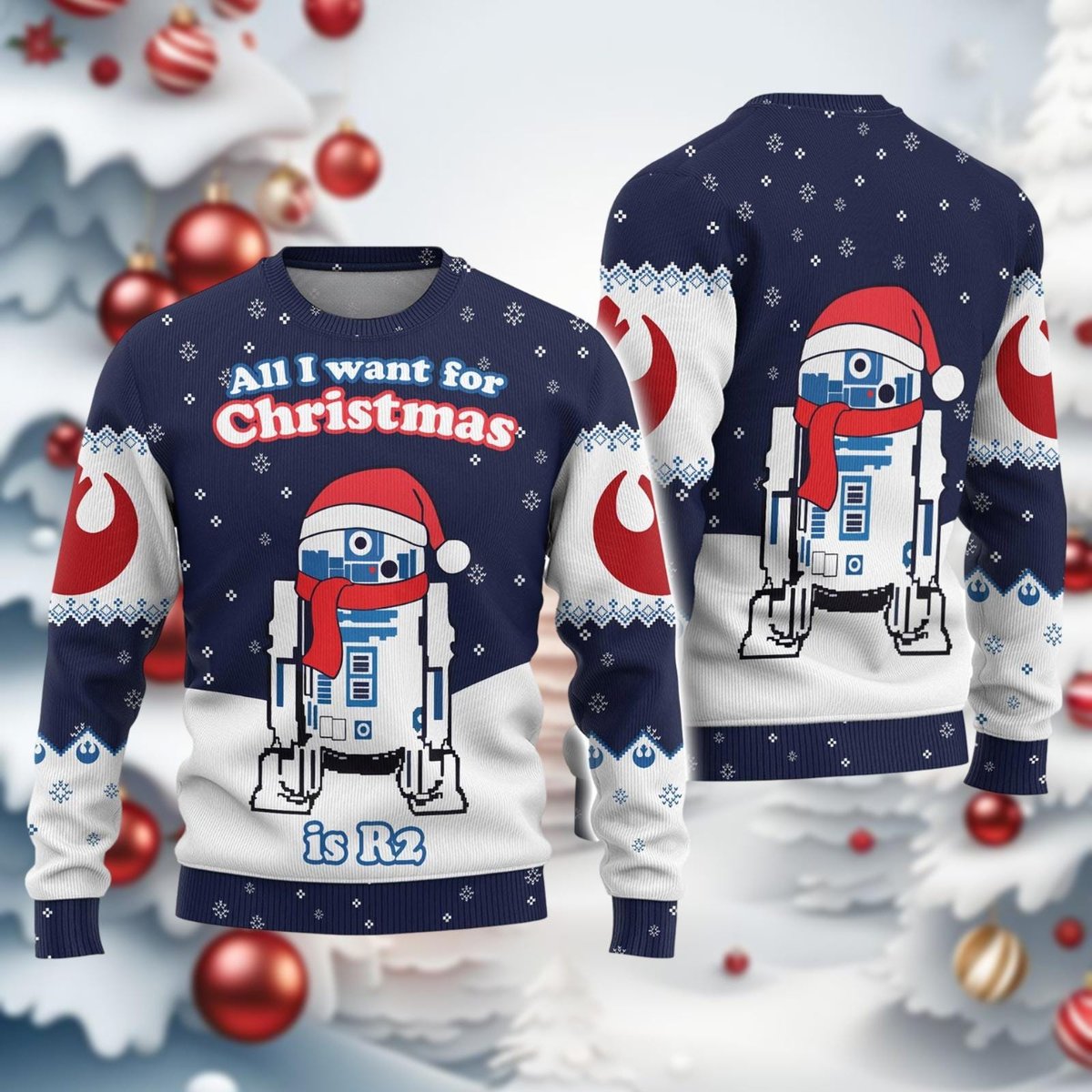 Droid Christmas Navy Ugly Sweater Cute Blue Robot Holiday Sci-Fi Knit Jumper