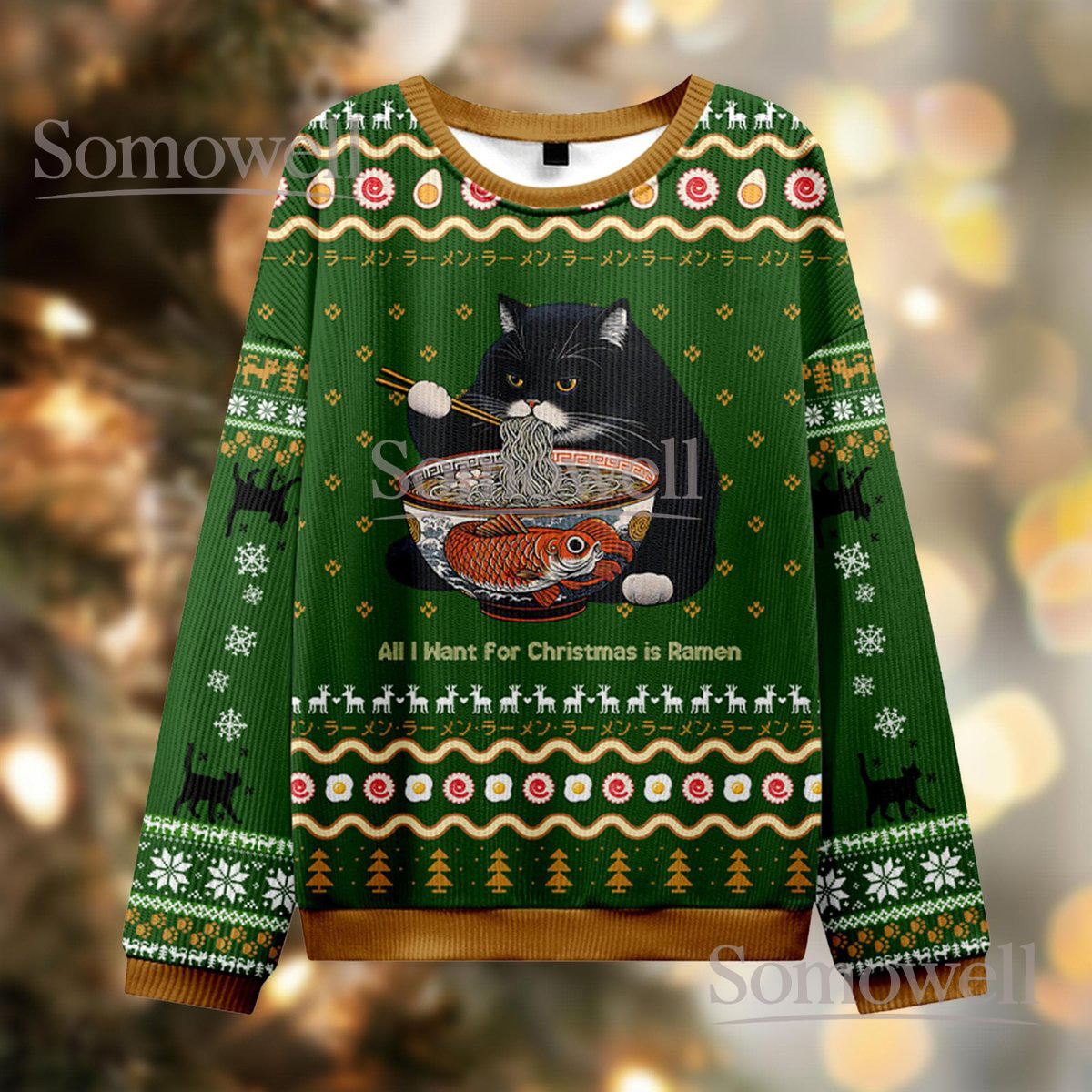 Cat Ramen Christmas Green Ugly Sweater All I Want For Christmas Is Ramen Funny Holiday Knit Jumpe