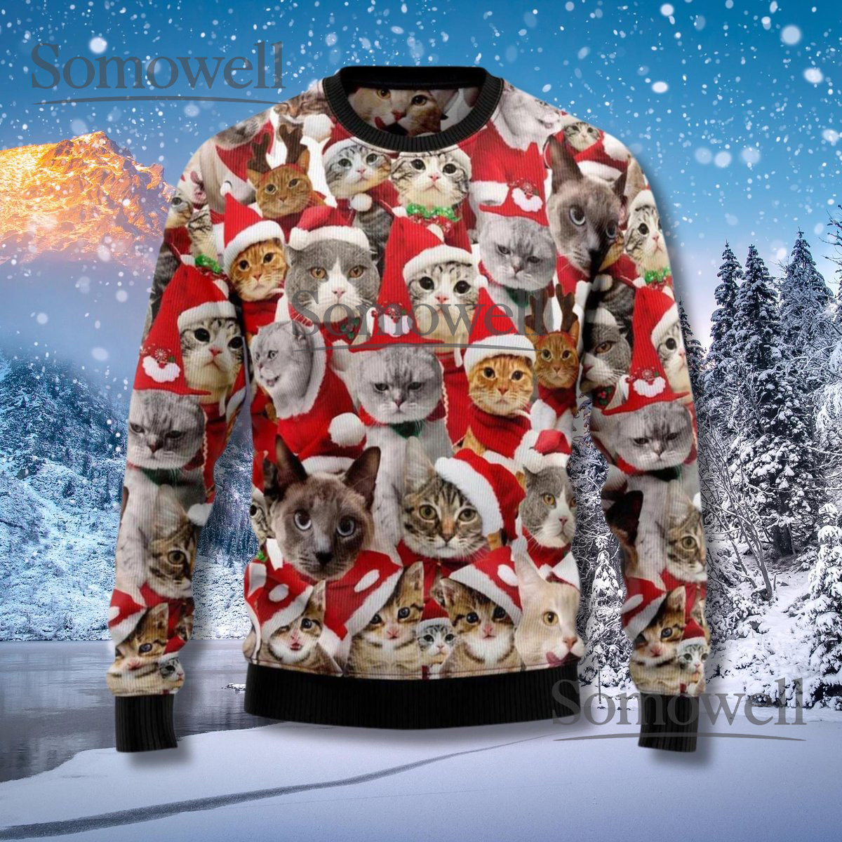 All Over Cat Faces Santa Hats Ugly Christmas Sweater Funny Festive Cat Lover Jumper