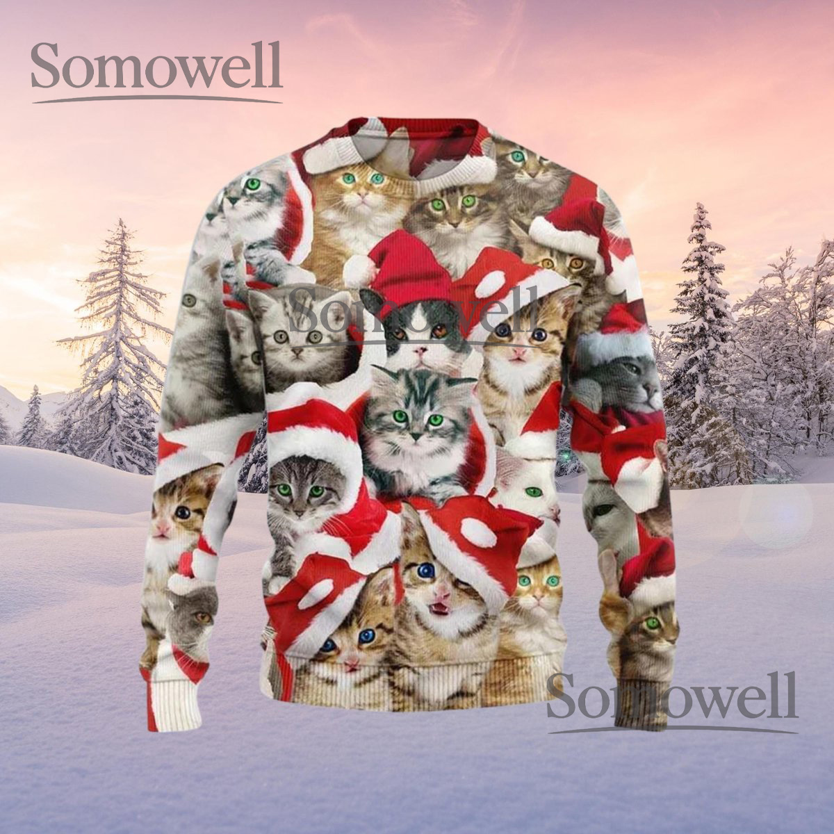 All Over Print Cat Christmas Sweater Funny Kitten Santa Hats Jumper