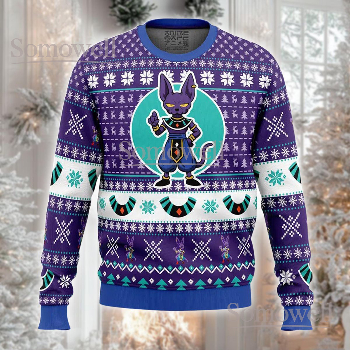 Beerus Cat God Christmas Purple Ugly Sweater Anime Character Holiday Knit Jumper