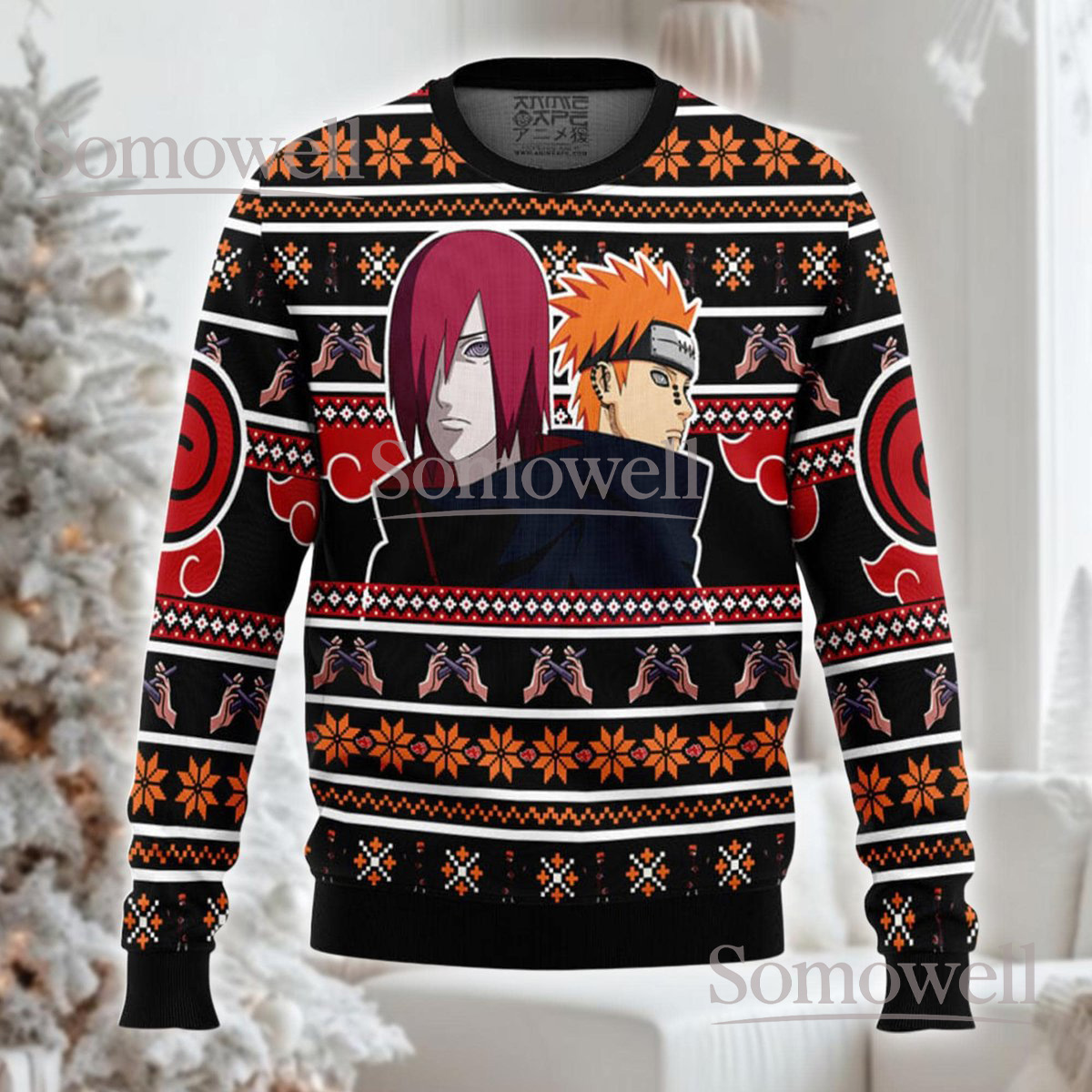 Pain And Konan Christmas Black Ugly Sweater Anime Villain Duo Holiday Knit Jumper