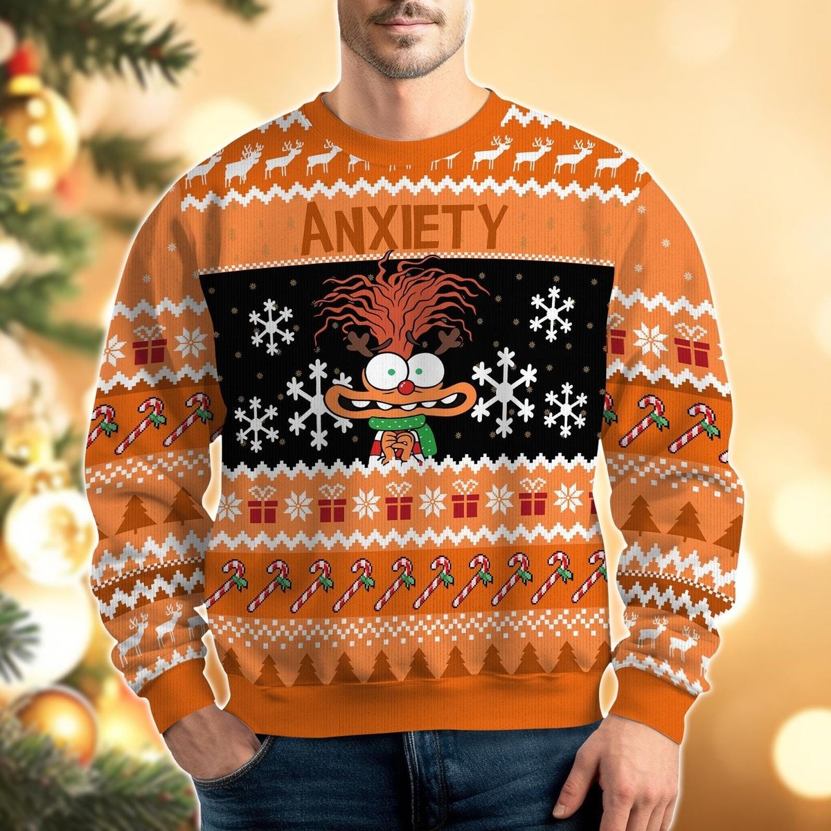 Anxiety Inside Out Ugly Christmas Sweater Funny Cartoon Holiday Pullover Gift