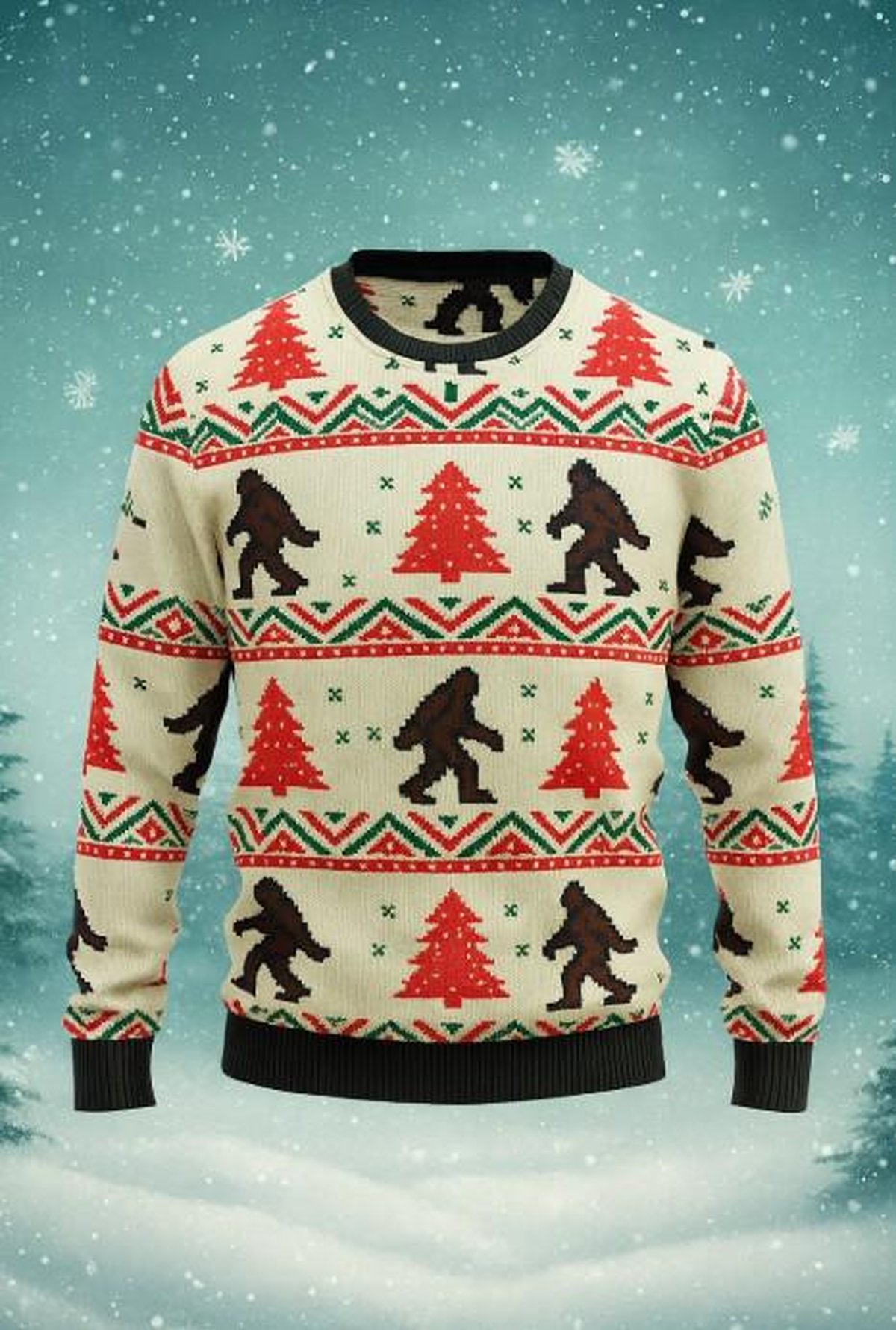 Bigfoot Christmas Sweater Funny Sasquatch Pattern Holiday Knit Pullover Gift