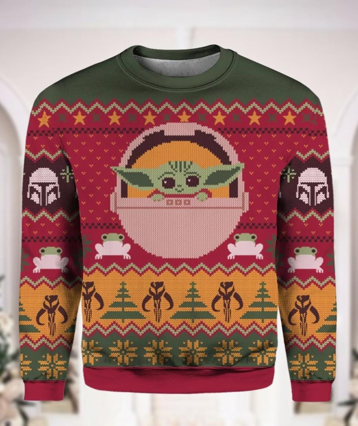 Baby Yoda Mandalorian Red Christmas Ugly Sweater Retro Pixel Style Holiday Knit Jumper