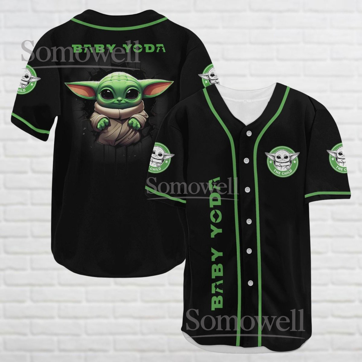 Baby Yoda Baseball Jersey Funny The Child Star Wars Black Green Button Shirt Gift