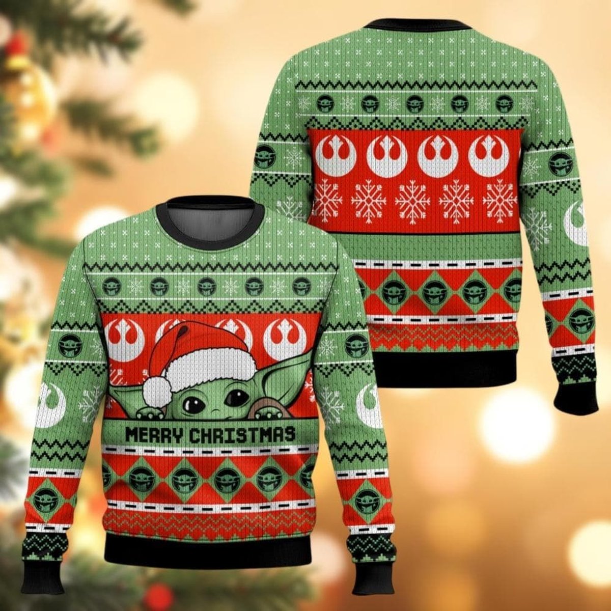 Baby Yoda Green Red Ugly Christmas Sweater Star Holiday Pullover Gift