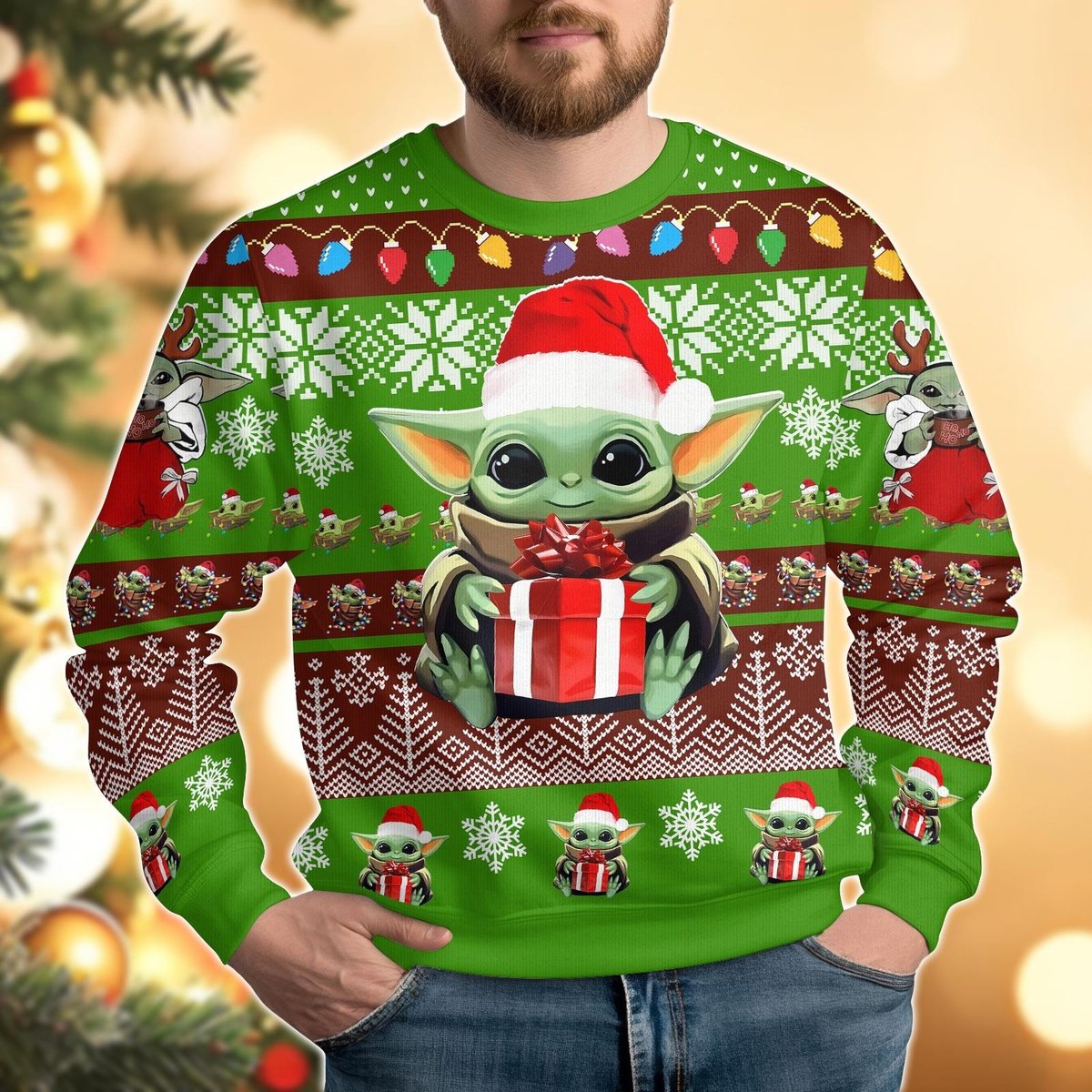 Baby Yoda Gift Box Ugly Christmas Sweater Green Holiday Pullover Gift