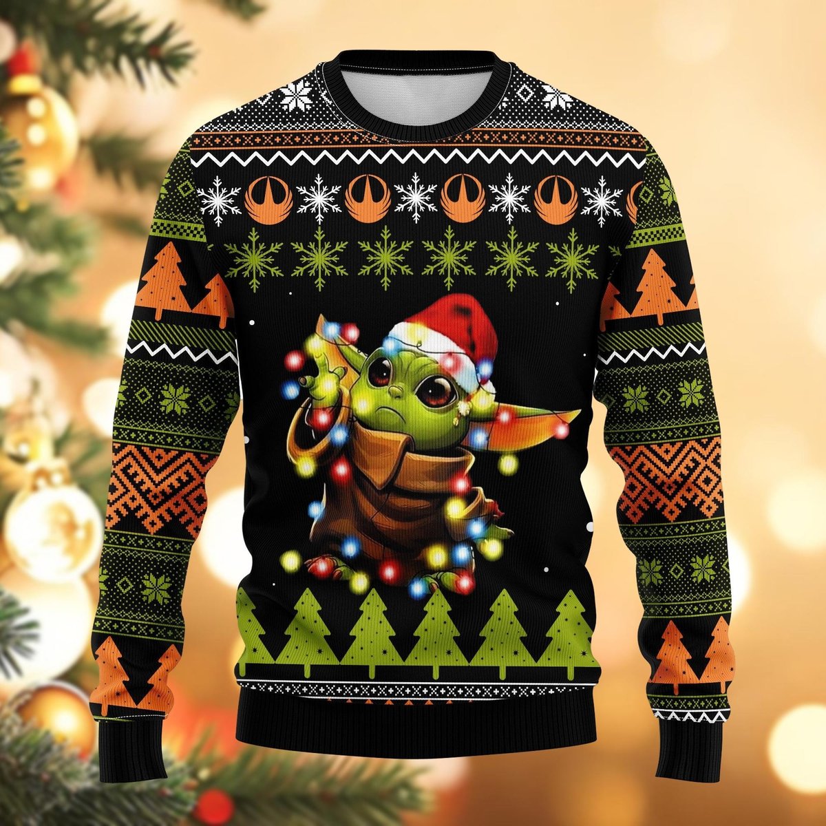 Baby Yoda Lights Tree Ugly Christmas Sweater Funny Holiday Pullover Gift