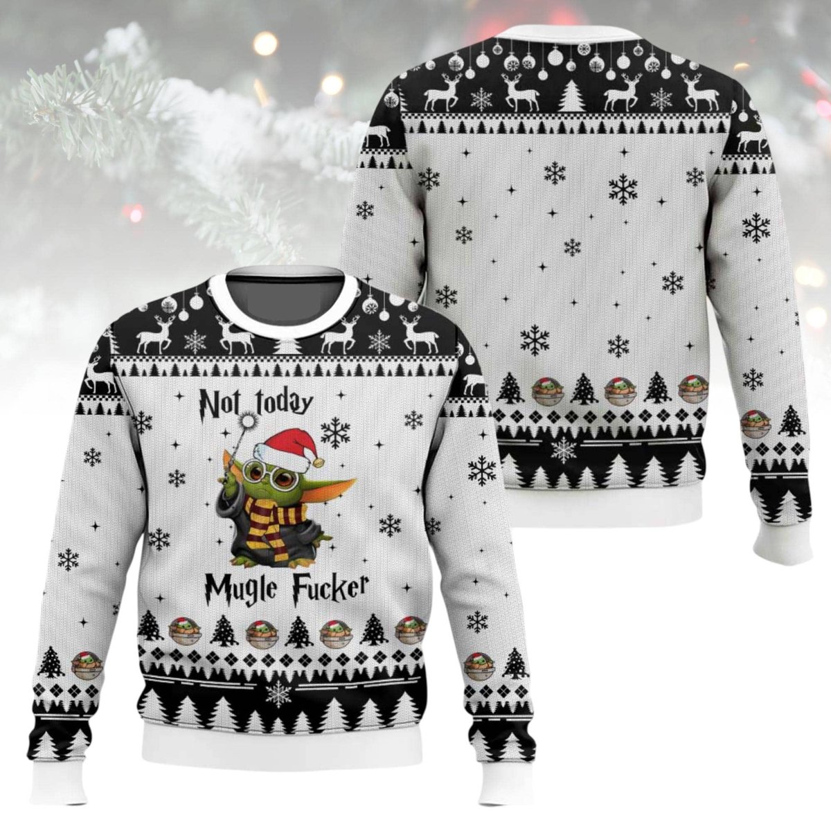 Baby Yoda White Ugly Christmas Sweater Funny Not Today Mugle Fer Holiday Knit Jumper