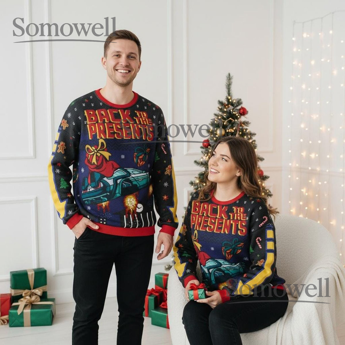 Back To The Presents Christmas Sweater Funny Sci-Fi Ugly Holiday Knit